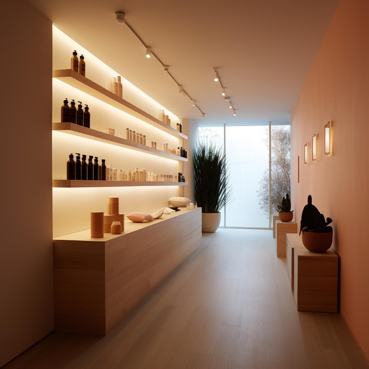 Minimalistische Regalwand mit Beleuchtung in modernem Verkaufsraum Eine Regalwand mit indirekter Beleuchtung in einem modernen Verkaufsraum.